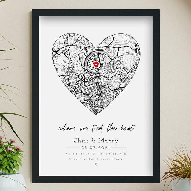 Personalised Wedding Print & Frame Gift | Anniversary Engagement First Date Couple Heart Minimalist Map Home Decor Married Valentines Unique
