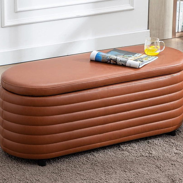 DM Furniture Storage Ottoman Bench Upholstered PU Leather End of Bed Stool with Safety Hinge for Bedroom, Living Room, Entryway (44.5-inch, Brown), TN2436