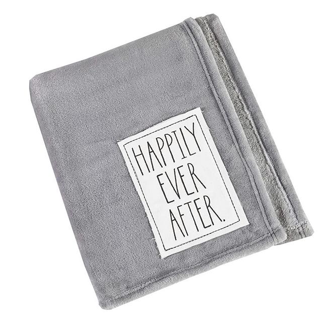 Rae Dunn 50" x 60” Plush Throw Blanket with Happily Ever After. Embroidered Sentiment Patch, Grey Comforter (Happily Ever After.)