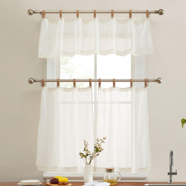 HLC.ME Lena Burlap Flax Linen Semi Sheer 3 Piece Kitchen Curtains Set, Light Filtering Transparent Window Tab Top Valance + Tiers Set - Natural Linen