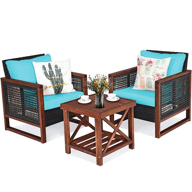 Tangkula 3 Pieces Patio Wicker Furniture Set, Rattan Outdoor Sofa Set w/Washable Cushion & Acacia Wood Coffee Table, Conversation Bistro Set for Garden Balcony Backyard (Turquoise)