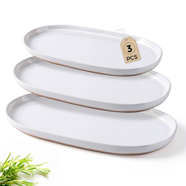 AmorArc Large Ceramic Serving Platter, 15.5"/14"/12.2" Oval Platters Microwave Safe, Serving Trays for Wedding, Stoneware Serving Dish for Entertaining&Party, Set of 3