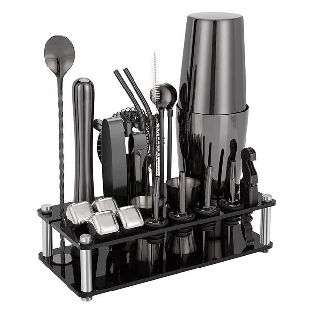 Cocktail Shaker Set, 23-Piece Boston Stainless Steel Bartender Kit with Acrylic Stand & Cocktail Recipes Booklet, Professional Bar Tools for Drink Mixing, Home, Bar, Party - Black