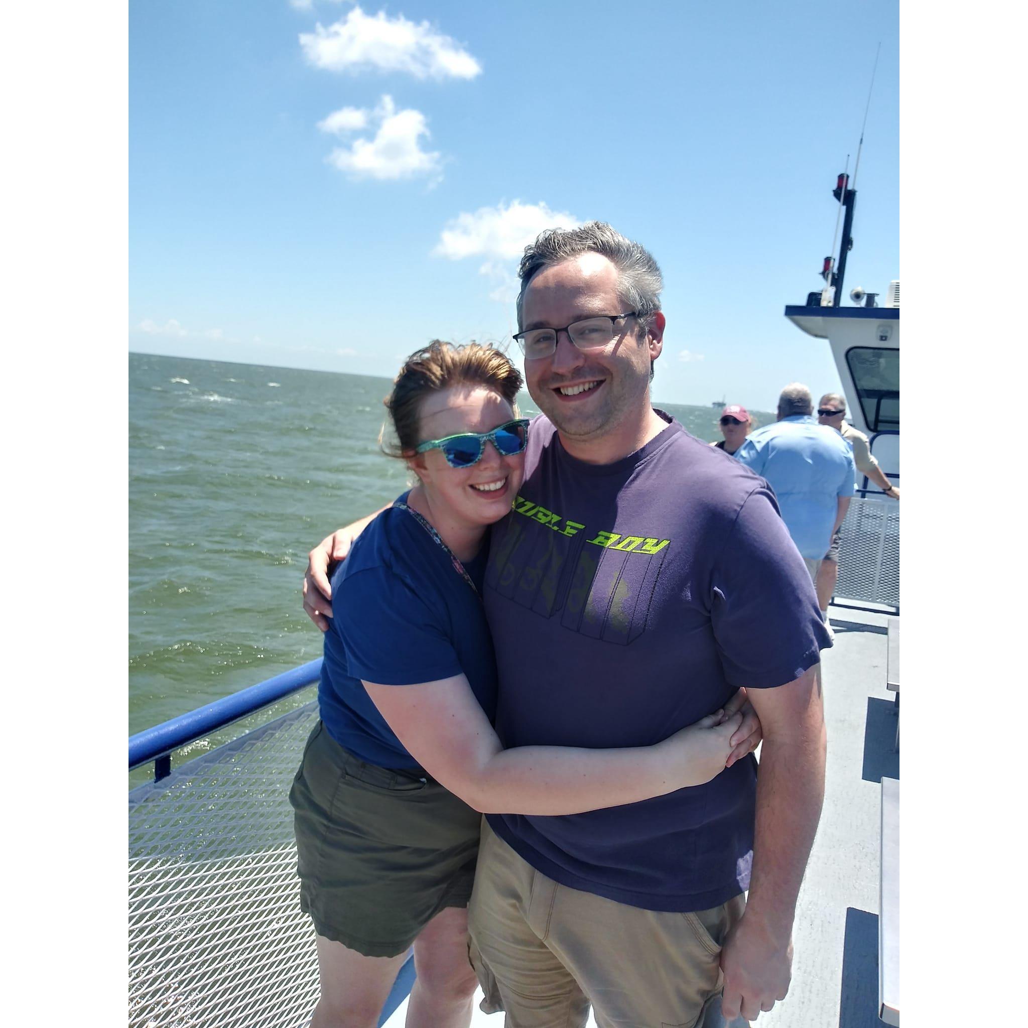 On the ferry going to Dauphin Island, Al. We got to see dolphins on this trip
