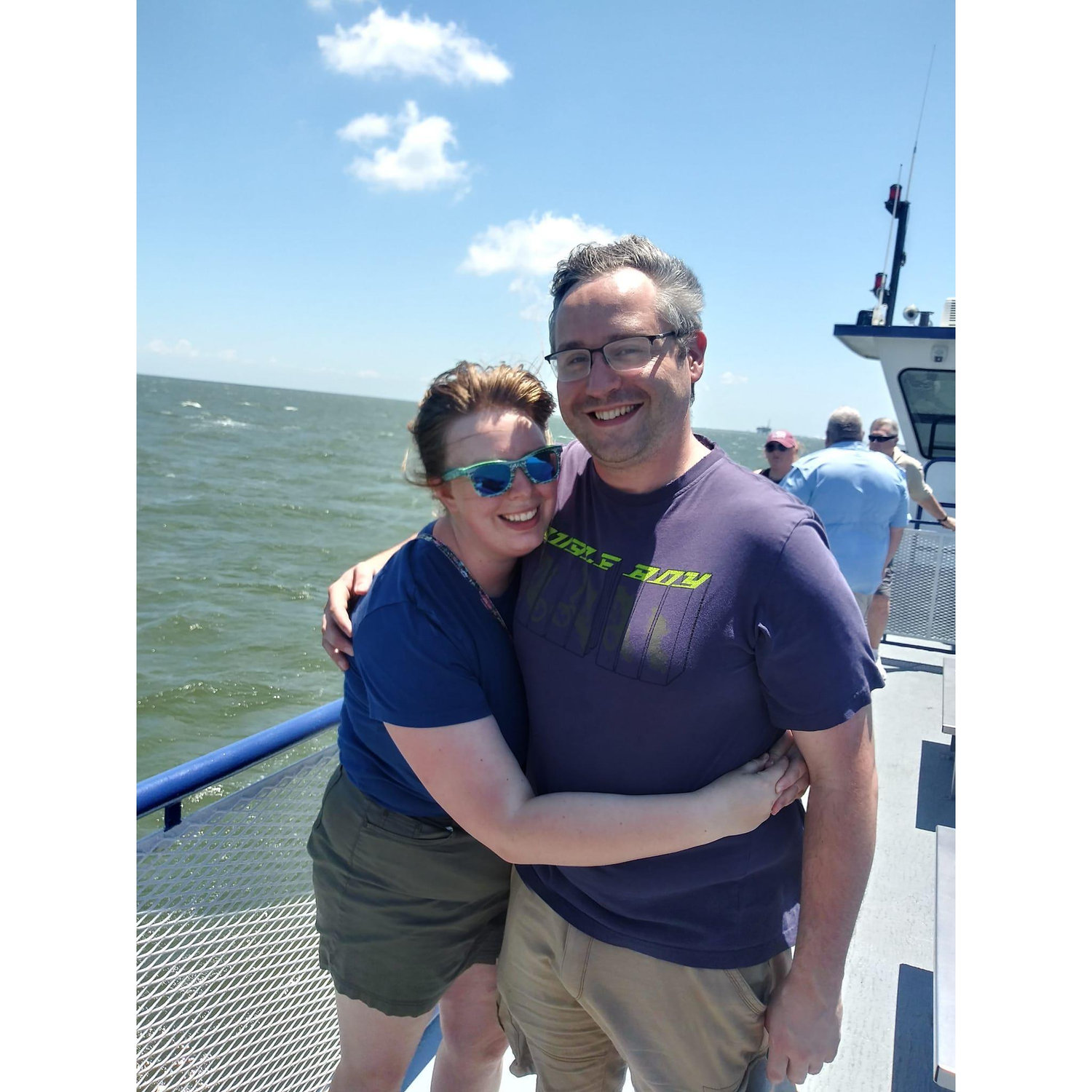 On the ferry going to Dauphin Island, Al. We got to see dolphins on this trip
