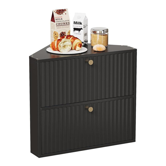 Trironsun Corner Bread Box for Kitchen Countertop Bamboo Two Layer Large Capacity Bread Storage Bin Vintage Storage for Homemade Bread (Black)