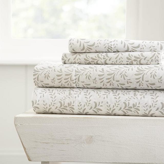 Linen Market 4 Piece Sheet Set Patterned, Queen, Burst of Vines Gray