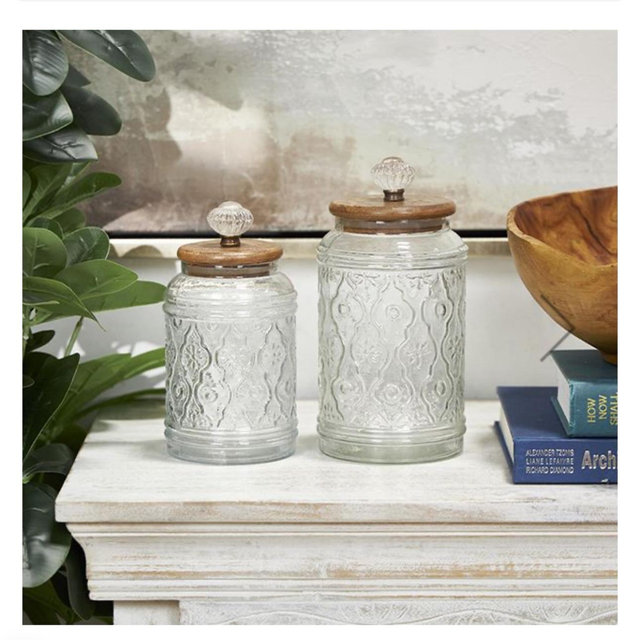 MOLDED GLASS LIDDED DECORATIVE JARS SET OF 2
