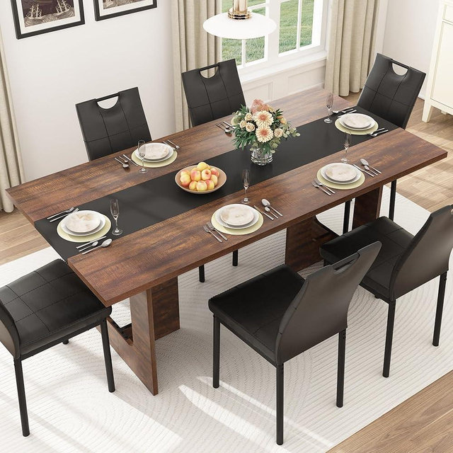Squireewo 70 INCH Dining Table for 4 6 People, Modern Wooden Dining Table W/Thickened Waterproof Tabletop, Rectangle Dinner Table with Heavy Duty Legs for Kitchen, Dining Room (Brown&Black)