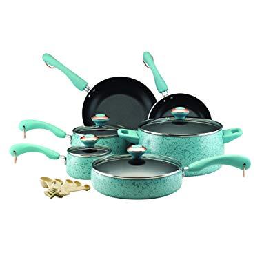 Paula Deen 12513 Signature Nonstick Cookware Pots and Pans Set, 15 Piece, Aqua Speckle