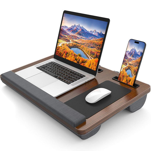 HETTHI Laptop Lap Desk, Portable Large Laptop Desk for Bed, Up to 17 in Lap Table with Wrist Rest, Mouse Pad, Tablet Phone Slot, Portable Handle, Lap Tray with Cushion (Dark Brown)