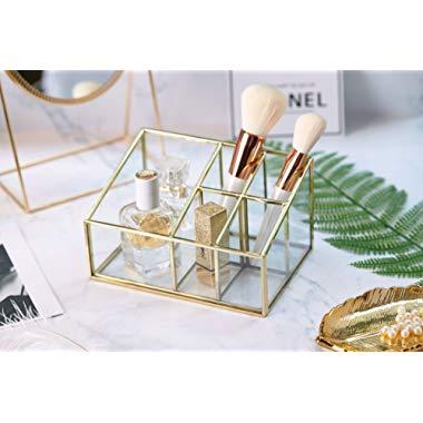 PuTwo Makeup Organizer Vintage 5 Compartments Glass & Metal Cosmetic Organizer Brass Makeup Storage for Makeup Brushes Perfume Lipsticks Nail Polish Makeup Holder for Dresser Vanity Countertop - Gold