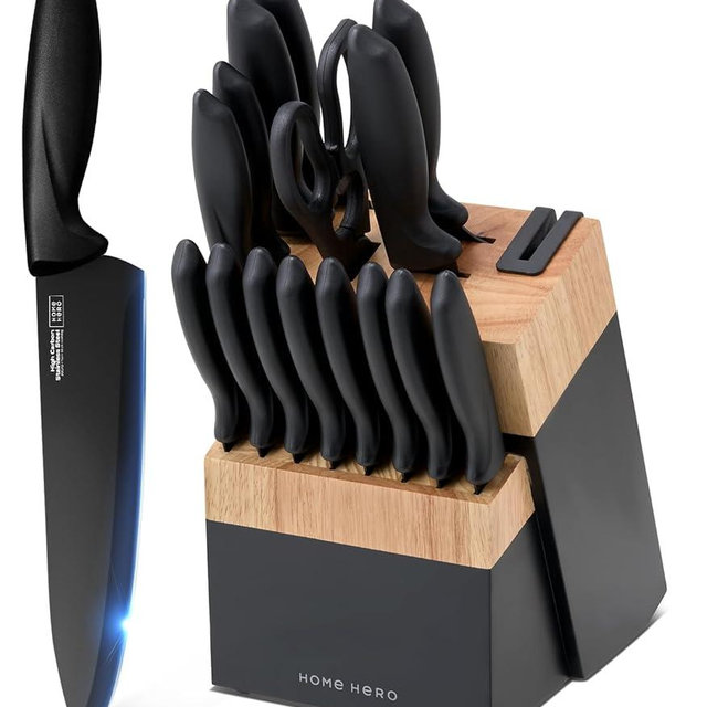 Home Hero Kitchen Knife Set with Sharpener - High Carbon Stainless Steel Knife Block Set with Ergonomic Handles (16 Pcs - Black/Wood)