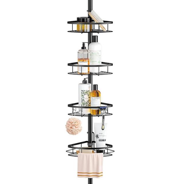 SEIRIONE Corner Shower Caddy Tension Pole,Rustproof Bathroom Shower Organizer Corner,Adjustable Shower Shelf for Inside Shower,Solid Shower Rack Ideal for Shower Storage,39.2 to 113 Inch Height,Black