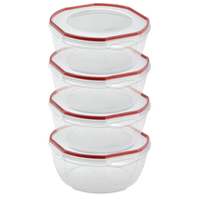 Sterilite Ultra-Seal 8.1 Qt Bowl, Large Airtight Food Storage Container, Latching Lid, Microwave and Dishwasher Safe, Clear With Red Gasket, 4-Pack