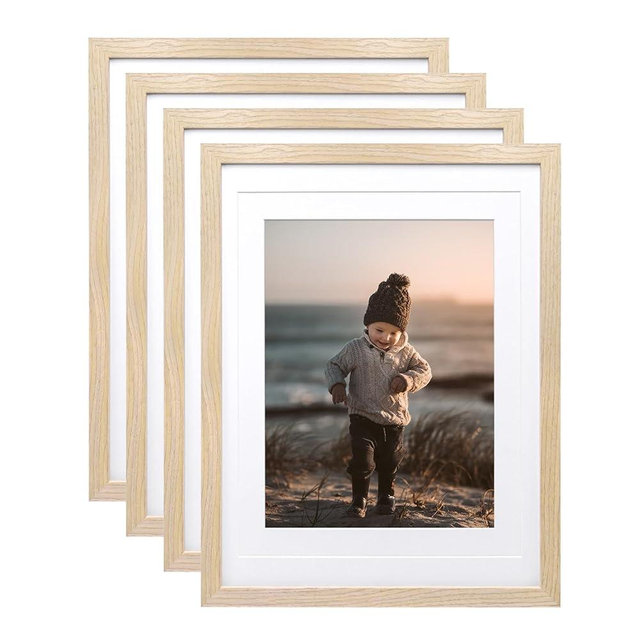 KINLINK 12x16 Picture Frames Natural - Wood Frames with Acrylic Plexiglass for Pictures 11x14/9x12 with Mat or 12x16 without Mat, Tabletop and Wall Mounting Display, Set of 4