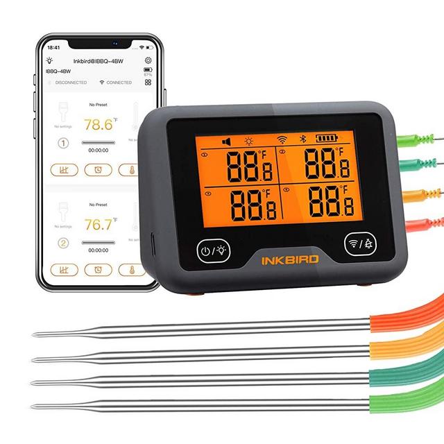 Inkbird Wi-Fi&Bluetooth Grill Thermometer IBBQ-4BW, Wireless Meat Thermometer with 4 Probes, Timer, High/Low Temp Alarm, WiFi Meat Grill Thermometer for Smoker, Oven, Kitchen, Drum, Android&iOS