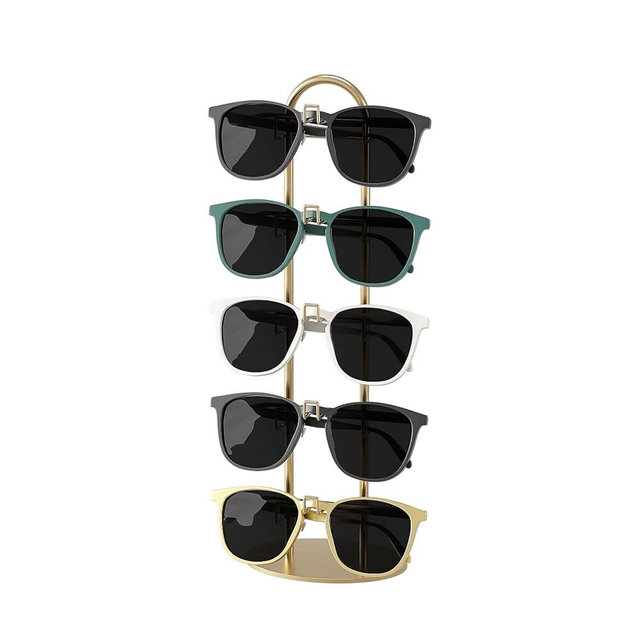 LongMen Metal Sunglass Organizer,Glasses Holder,Eyeglass Holder,Sunglass Storage Eyeglasses Rack Metal Frame for 5 Pairs (1, Gloden)