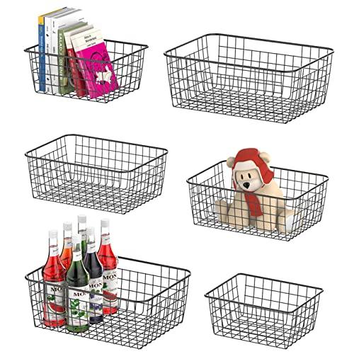 Wire Storage Basket, F-color 6 Pack Multi Size Metal Baskets for Storage Organizer for Pantry, Shelf, Freezer, Kitchen, Cabinet, Bathroom, Black