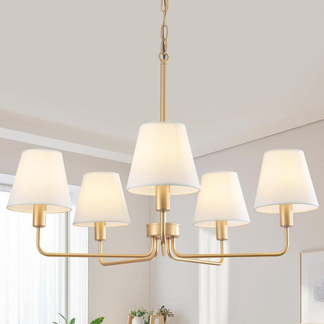 Gold Chandeliers for Dining Room 30” Bedroom Light Fixture with White Fabric Shade 5-Light Modern Farmhouse Chandelier Adjustable Pendant Lighting Fixtures for Kitchen Island,Living Room,Entryway
