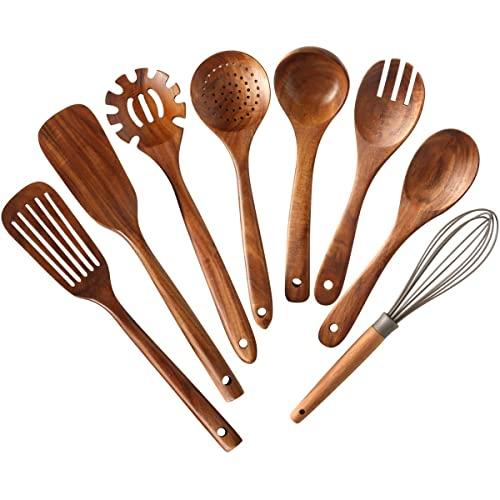 BlauKe Wooden Spoons for Cooking 8-Pack - Bamboo Kitchen Utensils Set - Nonstick Wooden Cooking Utensils - Wood Spatula Spoon Tongs Utensil Holder