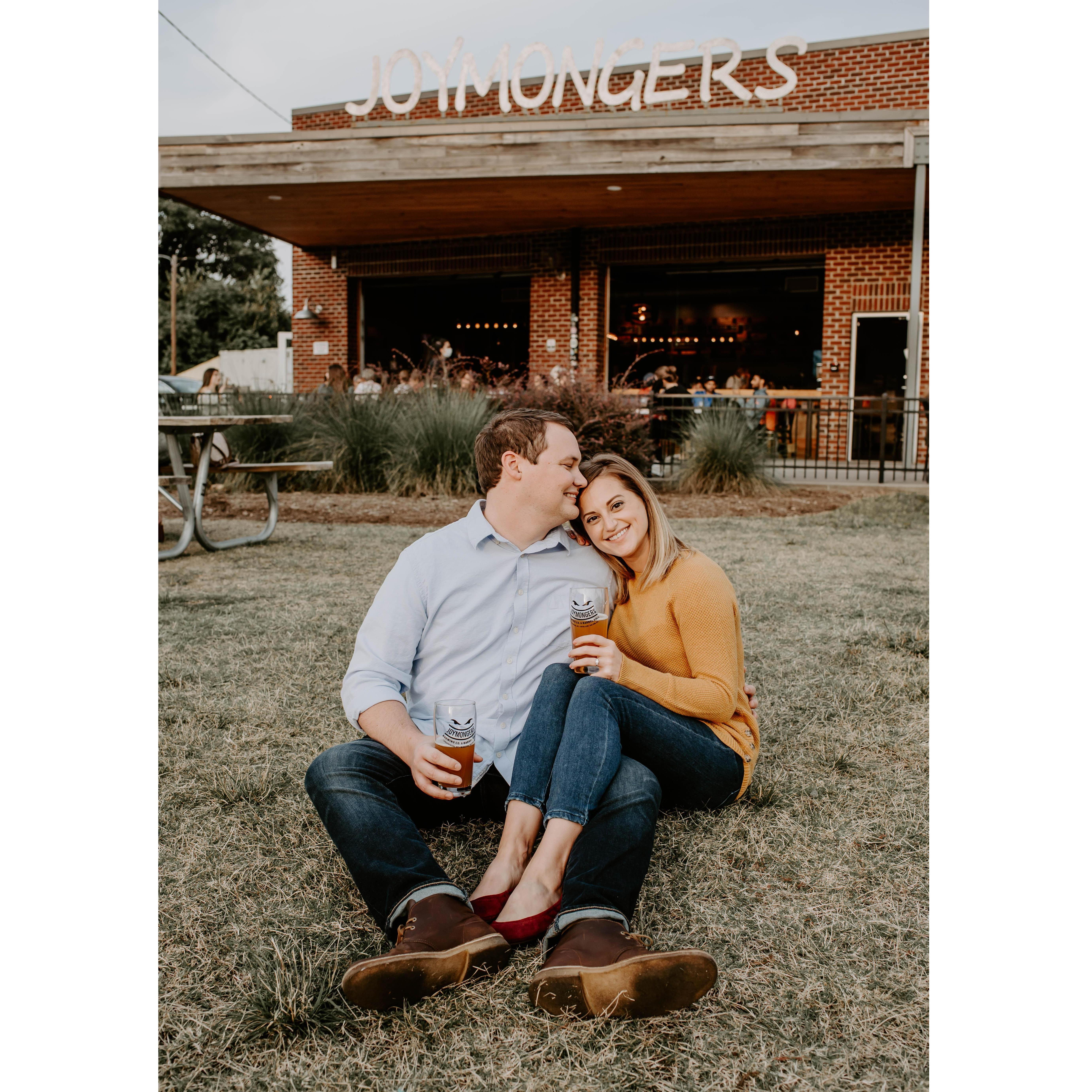 A photo from our engagement session by our fabulous photographer, Rebekah Torres, at our favorite brewery in Greensboro.