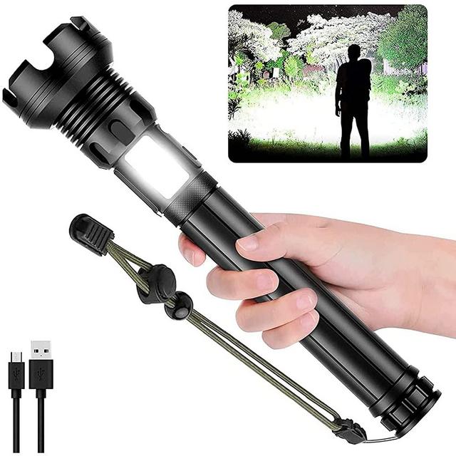 LED Rechargeable Tactical Flashlights 90000 High Lumens, XHP90 Brightest Flashlight with COB Sidelight, Powerful Emergency Flashlight with USB Output as Power Bank, Zoomable, Waterproof,7Modes