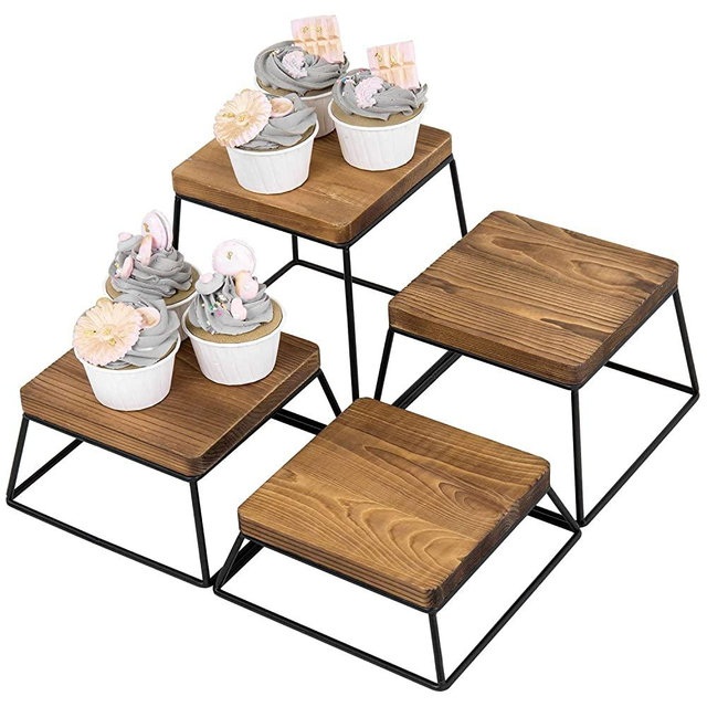 MyGift Burnt Wood & Black Metal Wire Square Retail Food Display Risers/Pizza Stands, Set of 4
