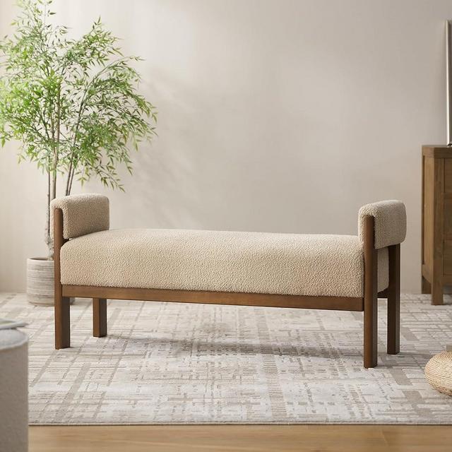VKNOW End of Bed Bench, 51.8” Modern Upholstered Bedroom Bench Indoor Bench with Arms, Entryway Bench with Solid Wood Frame for Bedroom Living Room, Brown