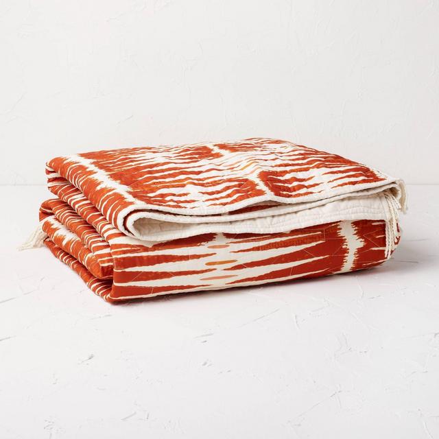 Full/Queen Printed with Fringe Groove Print Quilt White/Burnt Orange - Opalhouse™ designed with Jungalow™
