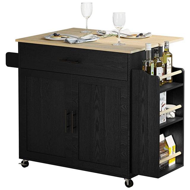 IRONCK Kitchen Island with Storage, Rolling Kitchen Island on Wheels with Drop Leaf, 3 Open Spice Rack Shelf, Door Cabinet, Drawer, Kitchen Cart Island Table for Kitchen,Black