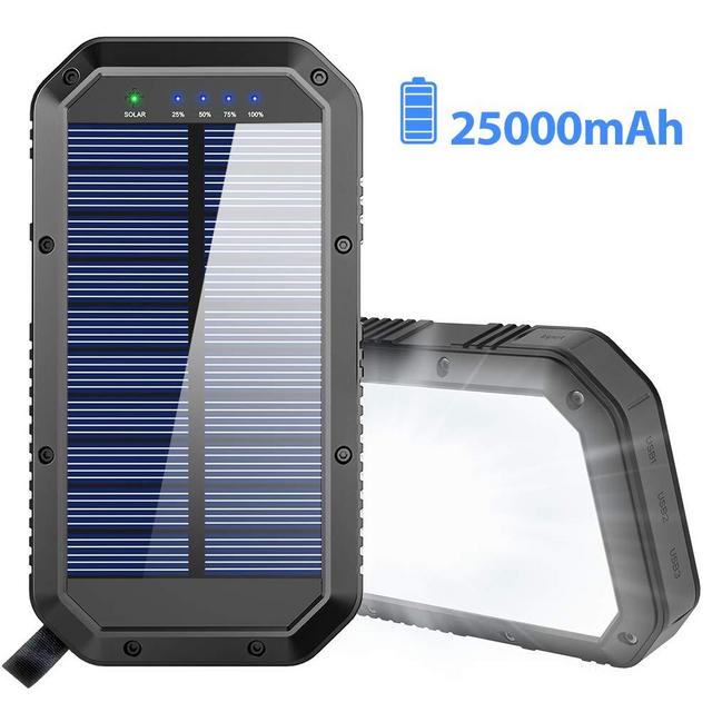Solar Charger, 25000mAh Battery Solar Power Bank Portable Panel Charger with 36 LEDs and 3 USB Output Ports External Backup Battery for Camping Outdoor for iOS Android (Black)