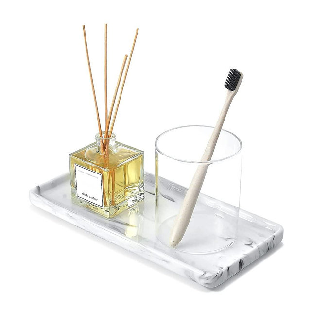 Nucookery 10" Ceramic White Marble Tray for Bathroom Rectangle, Large Vanity Tray, Kitchen Sink Tray Dispenser Organizer, Marble White