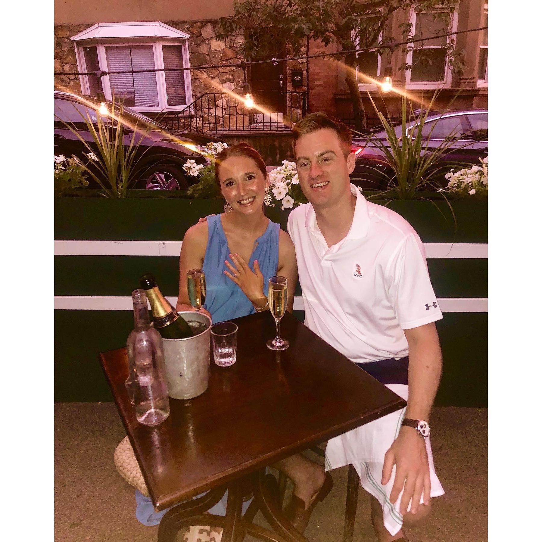We're engaged! Dinner to celebrate after the proposal. Elysian Cafe, Hoboken, NJ - July 24, 2020