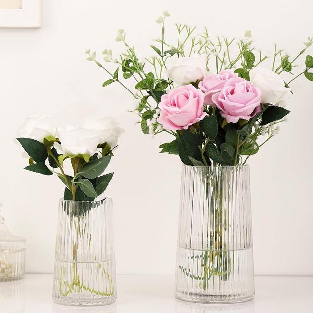 MARTAGE Ribbed Flower Vases Set of 2, Clear Vases for Flowers, Flower Vase for Bouquet, Modern Ribbed Glass Vase for Living Room, Bedroom, Dining Table, Office, Wedding, Centerpieces