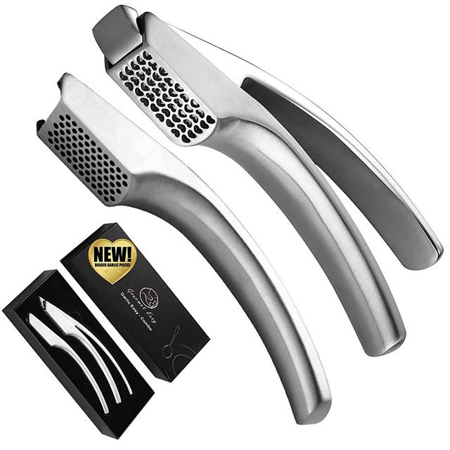Garlic Press Stainless Steel - No Need To Peel Garlic Mincer Combo for Fine and Coarse Mince - Garlic Crusher - Easy Cleaning- Garlic Presser + Masher - 5 Year Warranty