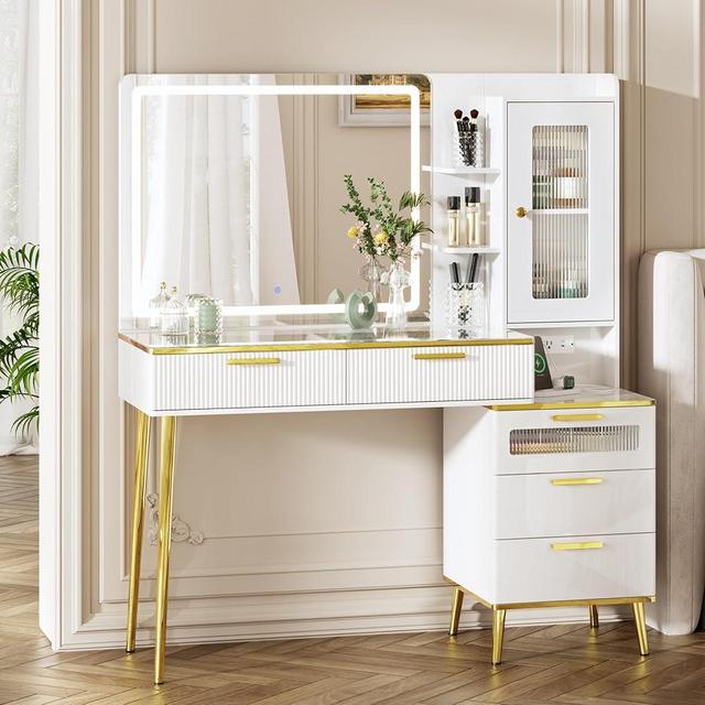 Chrangmay 47.24" Big Modern Vanity Desk with Mirror and Lights,Makeup Vanity Desk with 5 Drawers and Storage Shelves & Power Outlet,Dressing Table with Glass Top, Brown