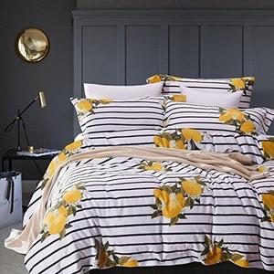 Striped Duvet Cover Set, 100% Cotton Bedding, Yellow Lemon Pattern with Black and White Stripes Printed (3pcs, King Size)
