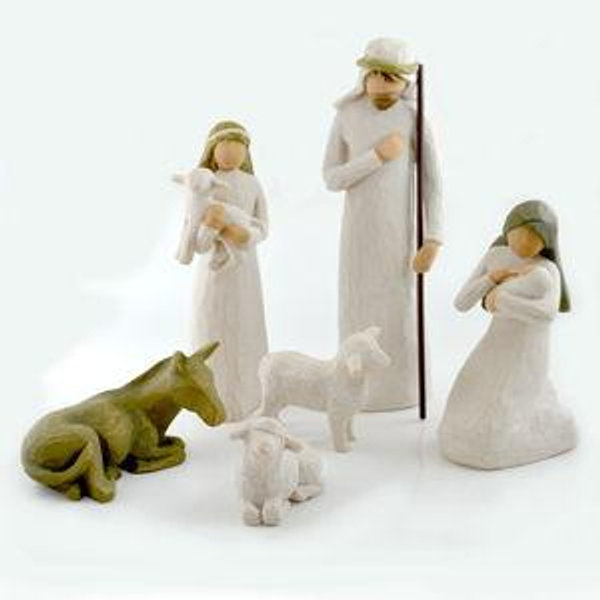 Nativity Pieces: Includes Mary, Joseph, shepherd, donkey and two sheep