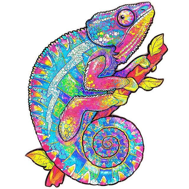 Unidragon Wooden Puzzle Jigsaw, Best Gift for Adults and Kids, Unique Shape Jigsaw Pieces Iridescent Chameleon, 10.2 x 13 in (26 x 33 cm) 202 pcs, Medium