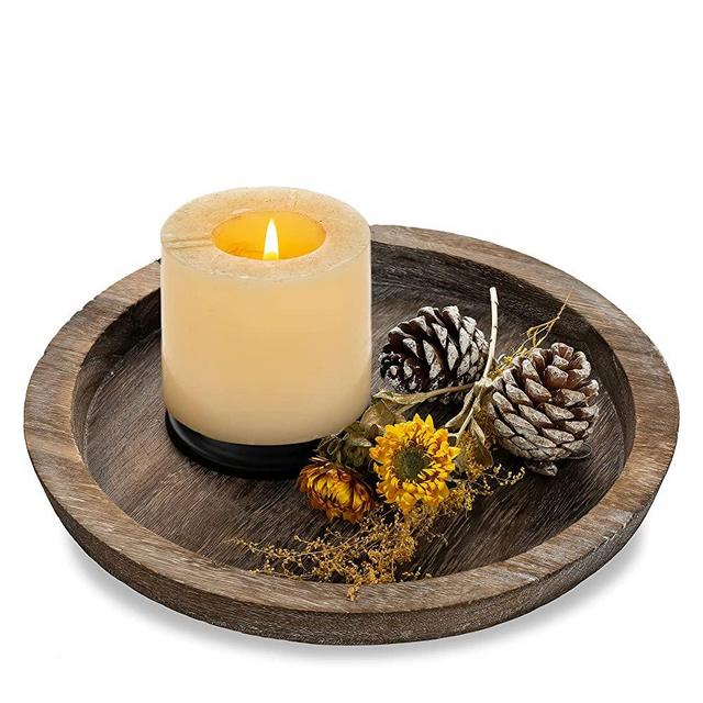 Romadedi Rustic Wooden Tray Candle Holder - Small Decorative Plate Pillar Candle Tray Wood for Farmhouse Dinning Table Kitchen Countertop Coffee Table Organizer Home Decor Wedding Centerpiece, 12inch