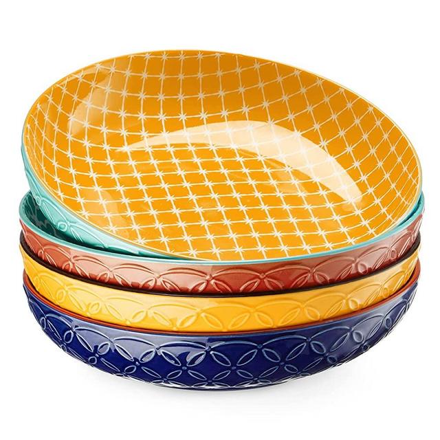 DOWAN Vibrant Pasta Bowls, 8.5'' Large Salad Bowls, 34 Oz Porcelain Pasta Serving Bowl Set of 4, Bowls for Pasta, Salad, Soup, Oatmeal, Mix-match Pattern, Ideal Housewarming Gift