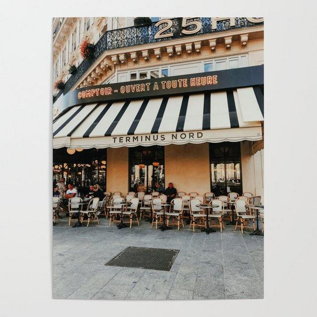 Cafe terrace in Paris during the spring, France | Street view | Pastel colored buildings | Travel photography fine art Poster