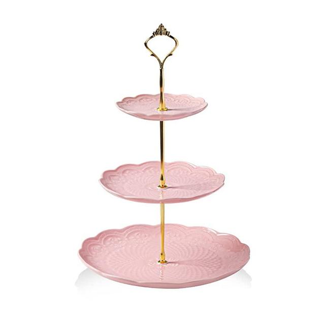 SWEEJAR 3 Tier Ceramic Cake Stand Wedding, Dessert Cupcake Stand for Tea Party Serving Platter (Rose Pink)