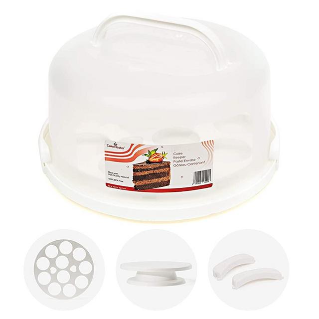 Cake Keeper with Cover & Cupcake Insert - Plastic Cupcake Carrier with Handle - Round Cake Carrier with Lid for Transporting Baked Goods - Includes Cake Turntable & Extra Snap Latches - BPA-Free