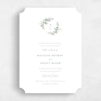 White Ticket Wedding Invitation - Verde Wreath