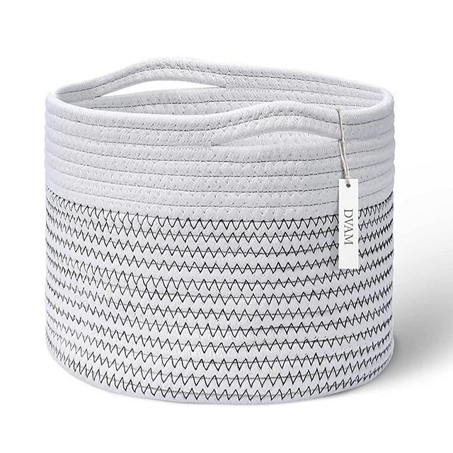 Small woven basket 9.4 by 7.1inches Round Cotton Rope Baskets Used As Gift Hamper, Toy bin, Decorative Cute Closet baskets Baby Nursery Organizer for Toy Storage Bin Mini Table Basket