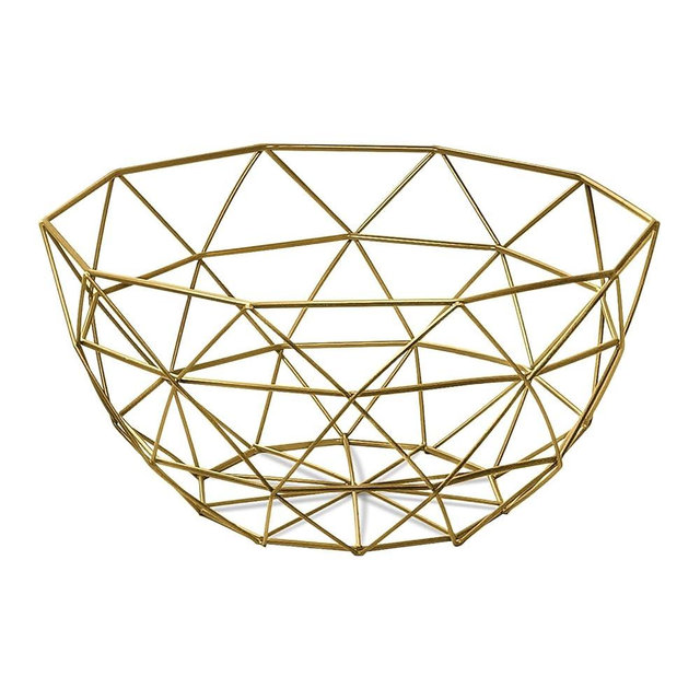 IBWell Geometric Metal Wire Fruit Bowl, Iron Arts Fruit Storage Baskets (Gold, Large)
