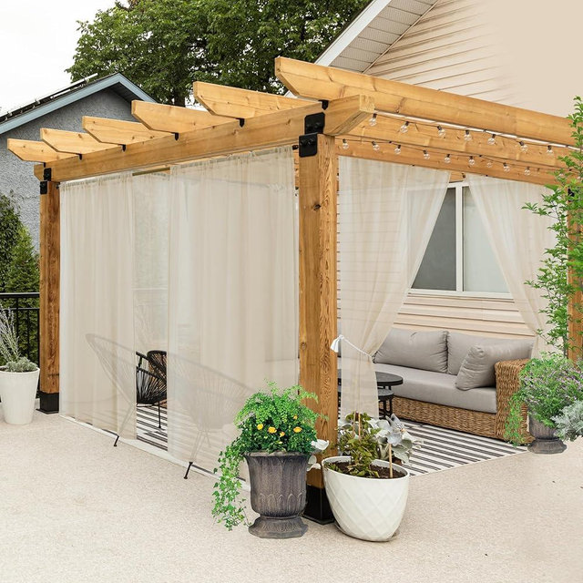 HolidayIdeas All Weather Outdoor Patio Sheer Curtains 6 Pcs Linen Look Rod Pocket Sheer Outdoor Curtains for Porch, Balcony, Gazebo, Pergolas, Cabana, Linen, 54x84 Inch
