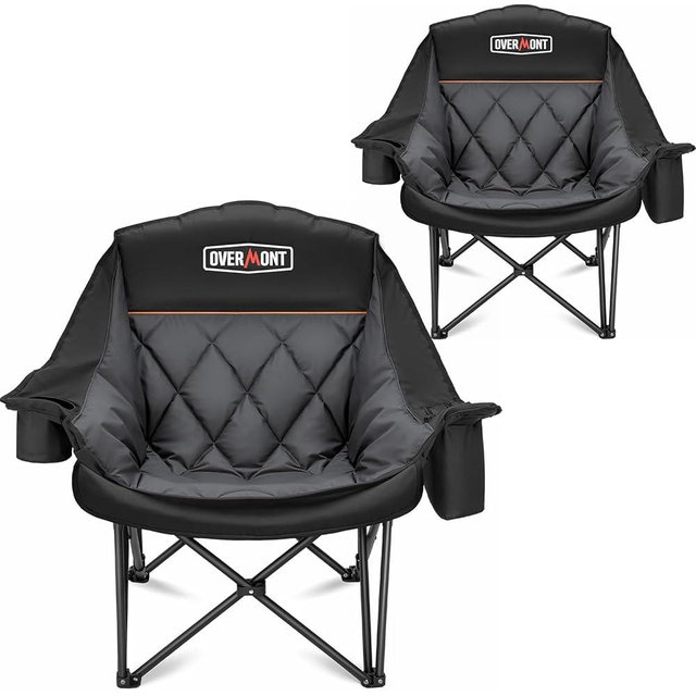 Overmont Oversized XL Camping Chair for Adults - 400lbs Support Heavy-Duty Padded Folding Chair with Side Pocket Cup Holder Cooling Bag for Outdoor Sports Garden Beach Fishing Lawn Black 2pcs